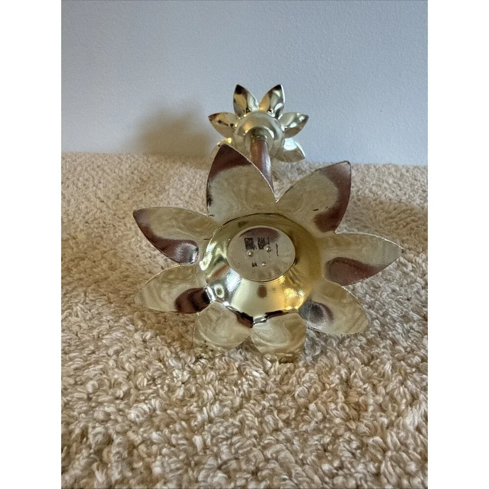 Vintage Nu-Trend Mid Century Modern Teak And Metal Flower Candleholder 9.5”